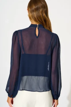 Outlet Boardroom Belle Top in Navy Chiffon Tops|Workwear