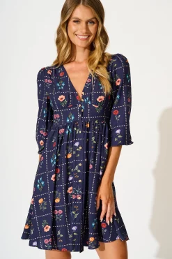 Hot Border Bloom Dress in Navy with Multi Floral Dresses|Party