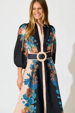 Online Botanical Bliss Maxi Shirt Dress in Black Multi Floral Linen Blend Dresses|Party