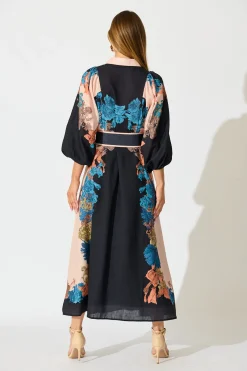 Online Botanical Bliss Maxi Shirt Dress in Black Multi Floral Linen Blend Dresses|Party