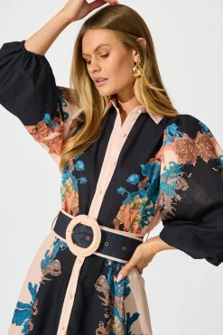 Online Botanical Bliss Maxi Shirt Dress in Black Multi Floral Linen Blend Dresses|Party
