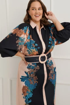 Online Botanical Bliss Maxi Shirt Dress in Black Multi Floral Linen Blend Dresses|Party