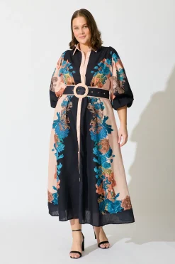 Online Botanical Bliss Maxi Shirt Dress in Black Multi Floral Linen Blend Dresses|Party