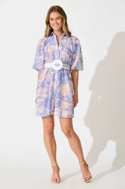 Sale Botanical Bliss Shirt Dress in Blush with Blue Linen Blend Dresses|Party