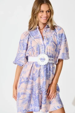 Sale Botanical Bliss Shirt Dress in Blush with Blue Linen Blend Dresses|Party