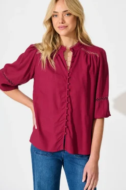 Best Brianna Top in Wine Linen Blend Tops|Casual