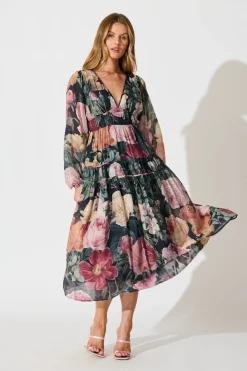 Outlet Brigette Midi Dress in Black with Multi Floral Print Dresses|Party
