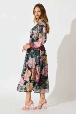 Outlet Brigette Midi Dress in Black with Multi Floral Print Dresses|Party