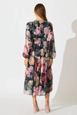 Outlet Brigette Midi Dress in Black with Multi Floral Print Dresses|Party