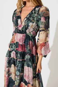 Outlet Brigette Midi Dress in Black with Multi Floral Print Dresses|Party