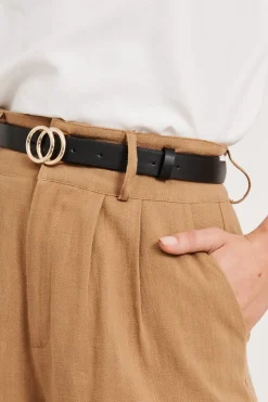 Outlet Brooklyn Belt In Black With Double Gold Ring Buckle Belts