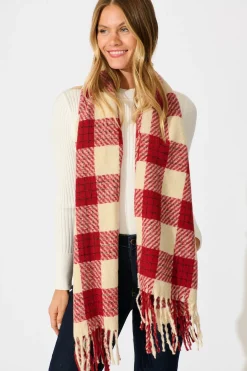 New Brooklyn Oversized Knit Scarf In Wine Check Knitwear|Knitwear