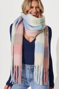 Fashion Brooklyn Oversized Knit Scarf In Multi Pastel With Pink And Blue Check Knitwear|Knitwear