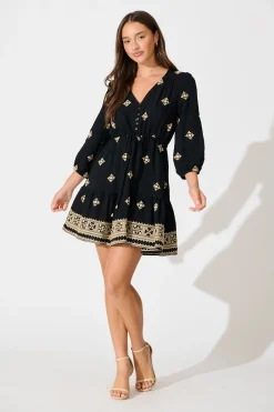 New Byron Dress in Black with Cream Embroidery Dresses|Casual