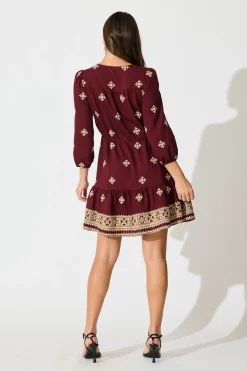Clearance Byron Dress in Wine with Cream Embroidery Dresses|Casual