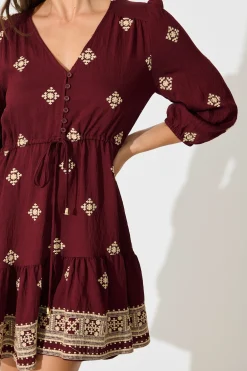 Clearance Byron Dress in Wine with Cream Embroidery Dresses|Casual