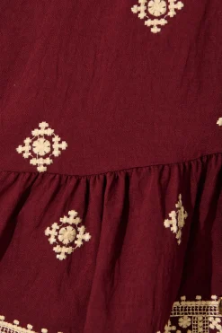 Clearance Byron Dress in Wine with Cream Embroidery Dresses|Casual