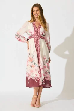 Hot Cabernet Bloom Midi Dress in Wine Floral Linen Blend Dresses|Casual