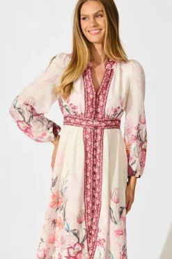 Hot Cabernet Bloom Midi Dress in Wine Floral Linen Blend Dresses|Casual