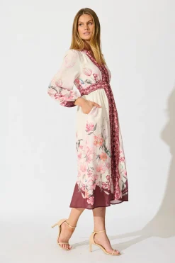 Hot Cabernet Bloom Midi Dress in Wine Floral Linen Blend Dresses|Casual