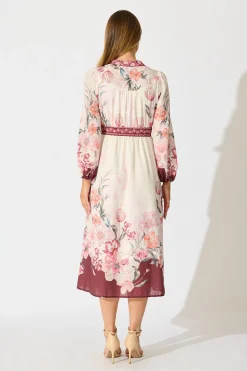 Hot Cabernet Bloom Midi Dress in Wine Floral Linen Blend Dresses|Casual