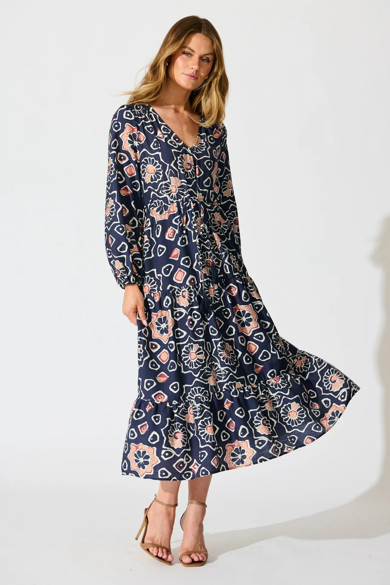 Fashion Calista Midi Dress in Navy Abstract Floral Print Dresses