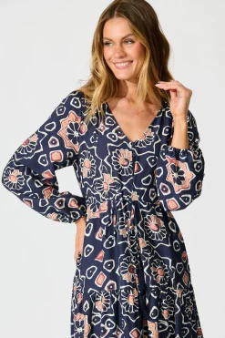 Fashion Calista Midi Dress in Navy Abstract Floral Print Dresses