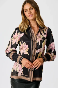 Hot Callia Shirt in Black with Blush Floral Border Print Satin Tops|Workwear