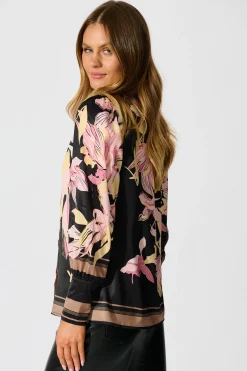 Hot Callia Shirt in Black with Blush Floral Border Print Satin Tops|Workwear