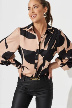 New Callia Shirt In Brown With Black Print Tops|Party & Occasion