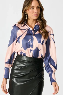 Hot Callia Shirt in Navy with Blush Print Tops