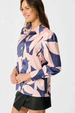 Hot Callia Shirt in Navy with Blush Print Tops
