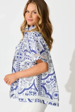 New Capri Shirt In White and Blue Cotton Linen Tops|Casual