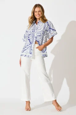 New Capri Shirt In White and Blue Cotton Linen Tops|Casual
