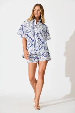 New Capri Shirt In White and Blue Cotton Linen Tops|Casual