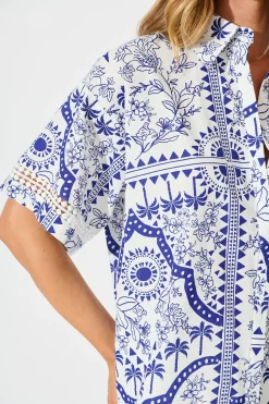 New Capri Shirt In White and Blue Cotton Linen Tops|Casual