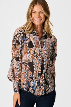 Clearance Caprice Shirt in Black Multi with Stripe Trim Tops