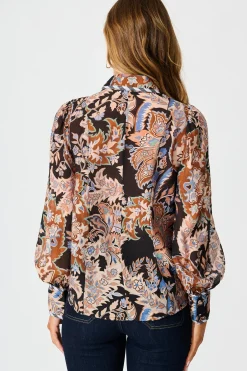 Clearance Caprice Shirt in Black Multi with Stripe Trim Tops