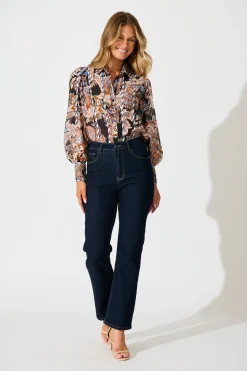 Clearance Caprice Shirt in Black Multi with Stripe Trim Tops