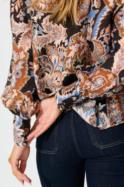 Clearance Caprice Shirt in Black Multi with Stripe Trim Tops