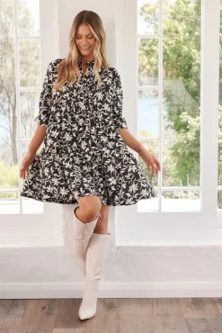Fashion Caracelle Smock Dress Black with Cream Floral Dresses|Casual