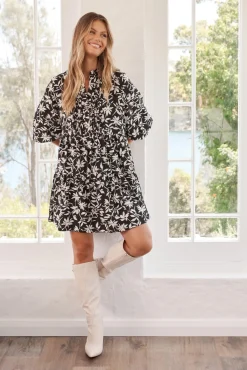 Fashion Caracelle Smock Dress Black with Cream Floral Dresses|Casual