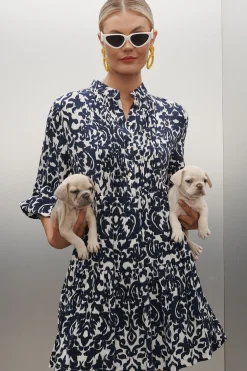 Best Caracelle Smock Dress In White With Navy Print Dresses|Casual