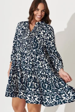 Best Caracelle Smock Dress In White With Navy Print Dresses|Casual