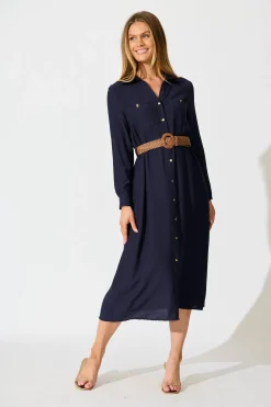 Hot Caravelle Midi Shirt Dress in Navy with Belt Dresses|Casual