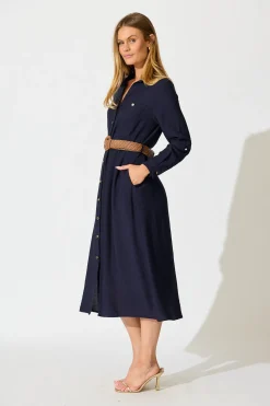 Hot Caravelle Midi Shirt Dress in Navy with Belt Dresses|Casual
