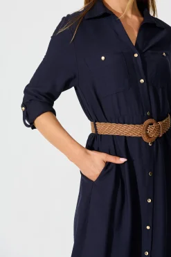 Hot Caravelle Midi Shirt Dress in Navy with Belt Dresses|Casual