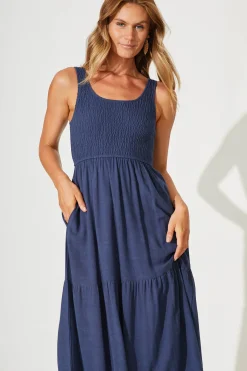 Online Caribbean Midi Dress In Navy Linen Dresses|Casual