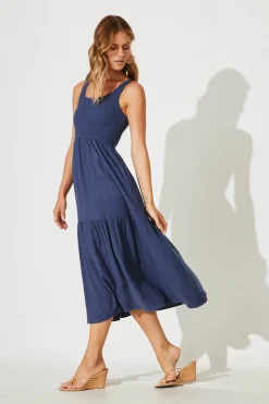Online Caribbean Midi Dress In Navy Linen Dresses|Casual