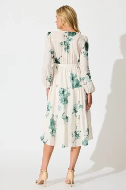 Online Carley Midi Dress in Cream with Green Floral Linen Blend Dresses|Casual